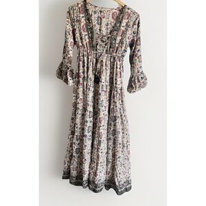 BOEMO Anthropologie Floral Paisley Tiered Bohemian Festival Maxi Dress Sz S